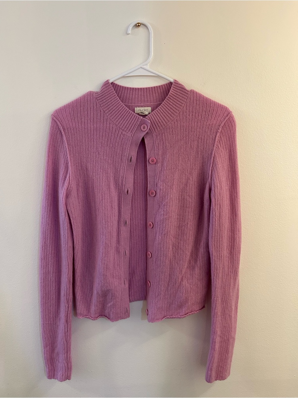 Anthropologie Cashmere Pink Ribbed Crewneck Button-Front Sweater